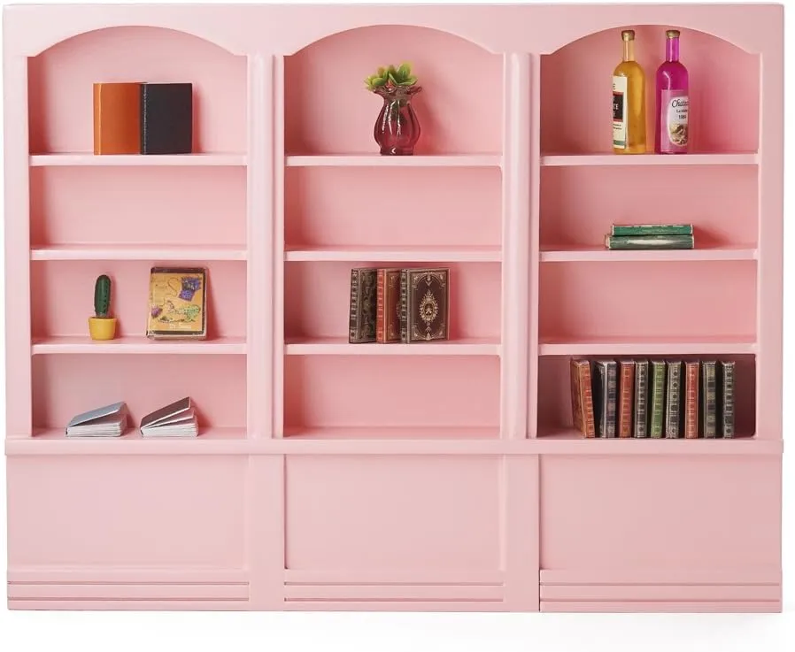 Odoria Dollhouse Bookcase Shelf Miniature: 1/12 Scale Bookshelf for Books Library School Office Modern - Mini Wall Display Cabinet Storage Shelving - Tiny Wood Furniture Cute Pink