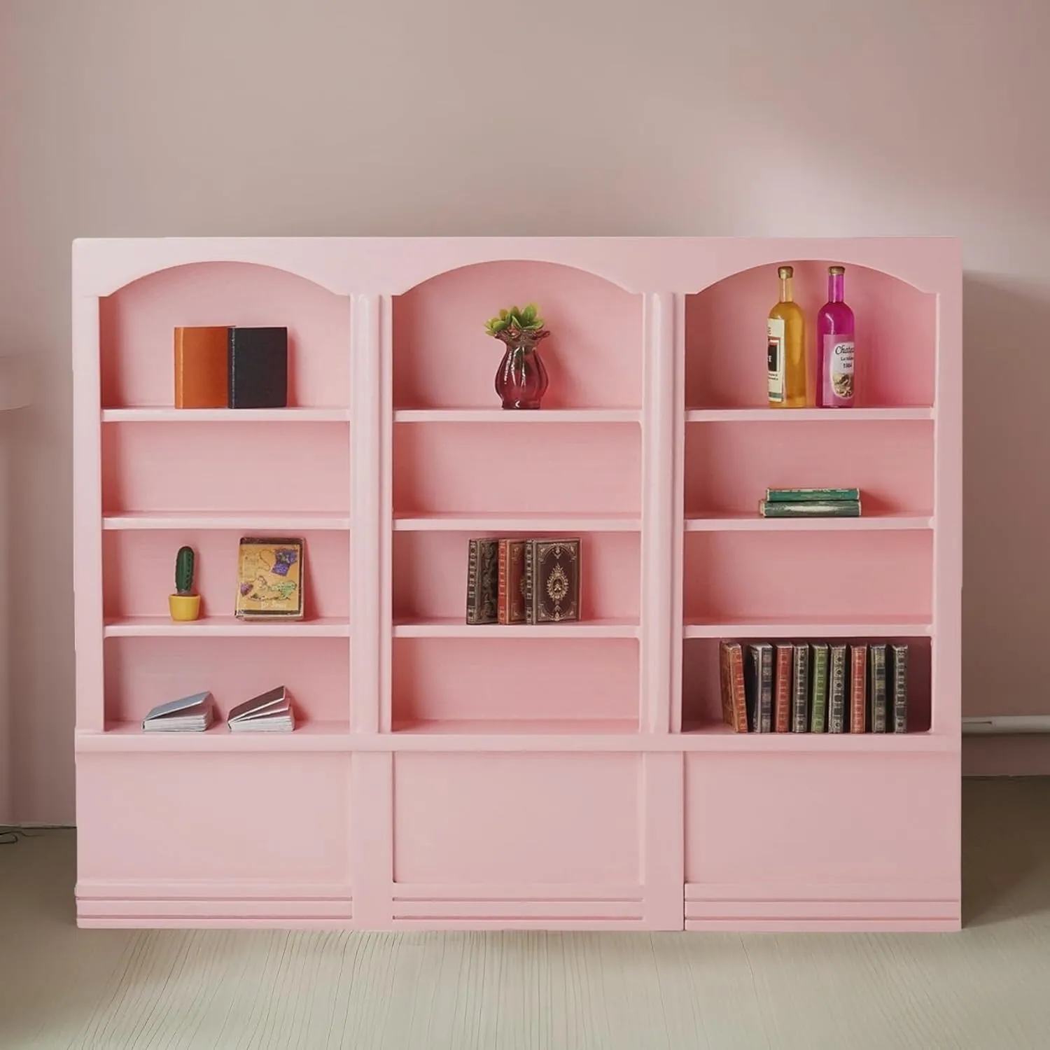 Odoria Dollhouse Bookcase Shelf Miniature: 1/12 Scale Bookshelf for Books Library School Office Modern - Mini Wall Display Cabinet Storage Shelving - Tiny Wood Furniture Cute Pink