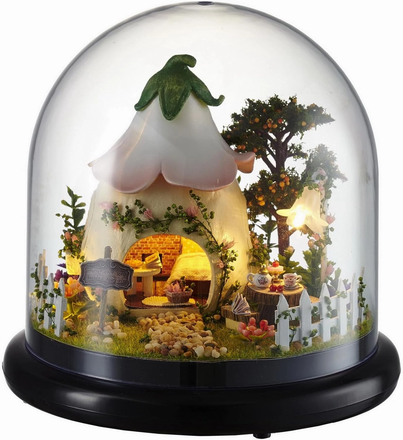 Ogrmar Wooden Dollhouse DIY Glassball Kit with Led Light-Green Garden