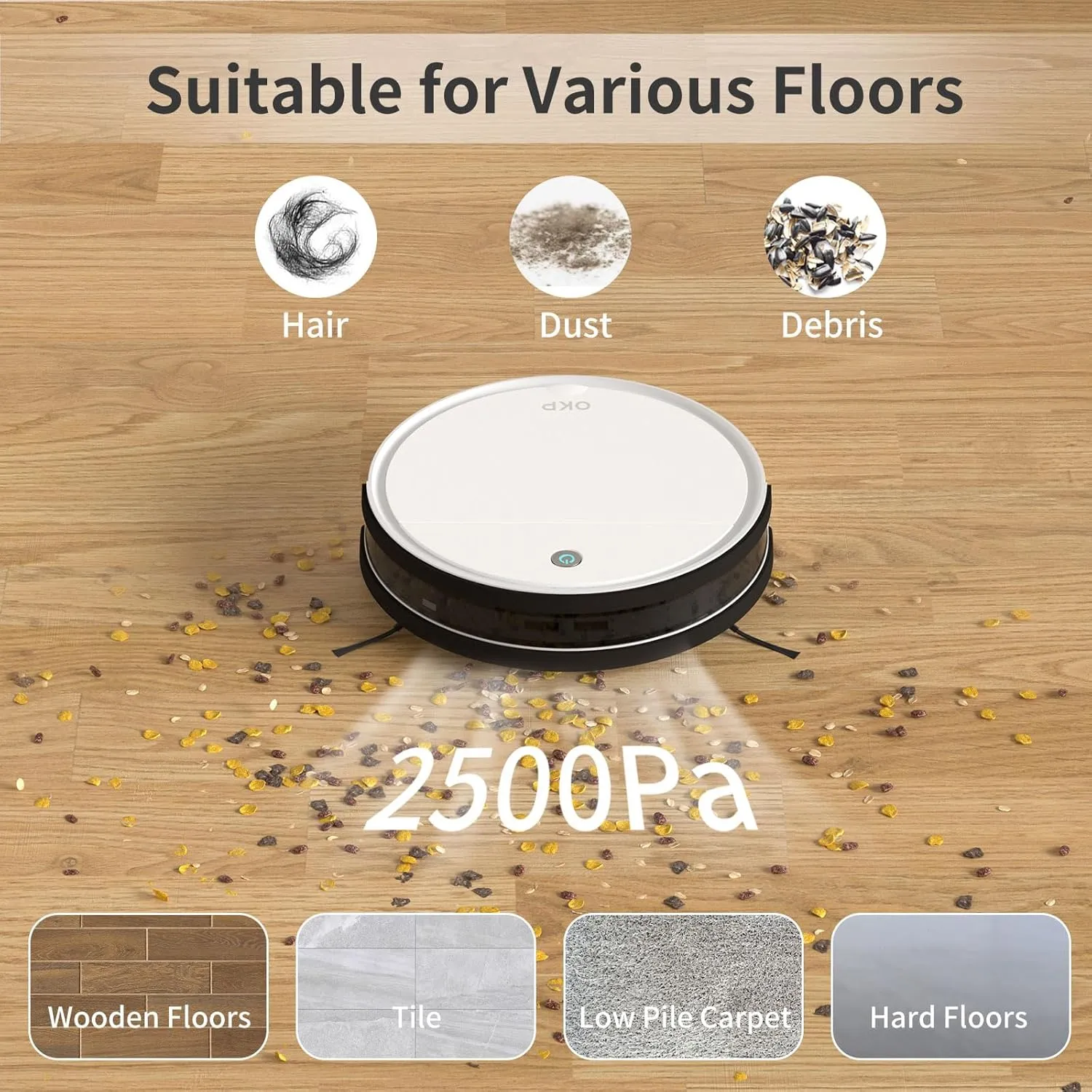 OKP Robot Vacuum Cleaner 2500Pa, 120 Min Runtime, Robotic Vacuum Cleaner with Schedule, WiFi/App/Alexa, Self-Charging, Slim Design, Quiet, Perfect for Hard Floors, Pet Hair, Carpets, K5