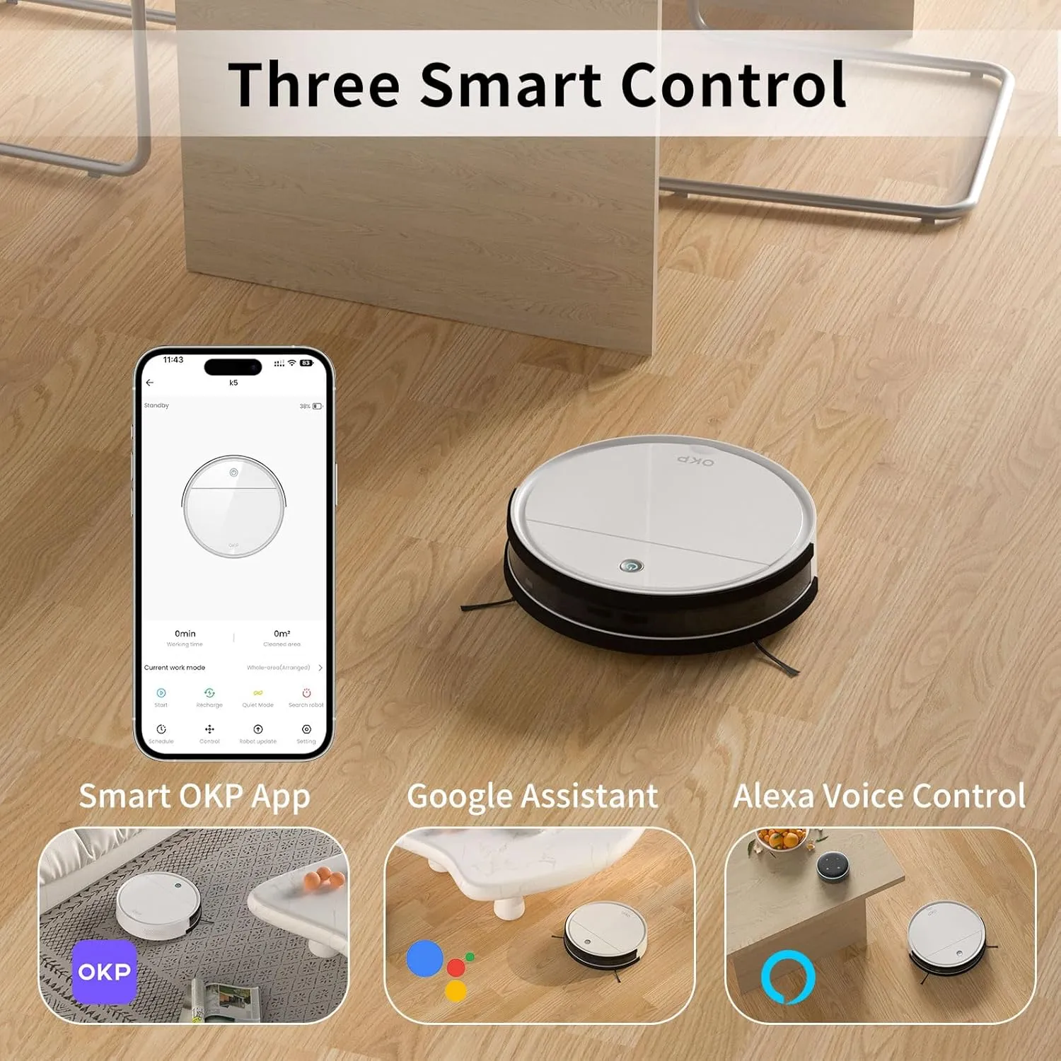 OKP Robot Vacuum Cleaner 2500Pa, 120 Min Runtime, Robotic Vacuum Cleaner with Schedule, WiFi/App/Alexa, Self-Charging, Slim Design, Quiet, Perfect for Hard Floors, Pet Hair, Carpets, K5