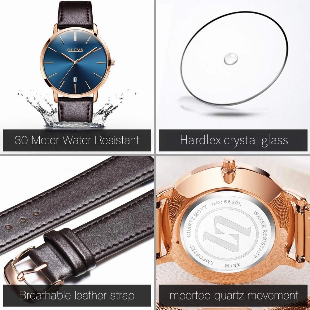 OLEVS Mens Watches Minimalist Ultra Thin Fashion Casual Analog Quartz Date Watch Waterproof Slim Simple Big Face Dress Wrist Watch with Retro Leather Band for Men