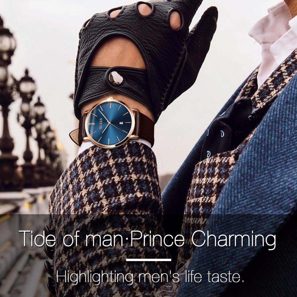 OLEVS Mens Watches Minimalist Ultra Thin Fashion Casual Analog Quartz Date Watch Waterproof Slim Simple Big Face Dress Wrist Watch with Retro Leather Band for Men