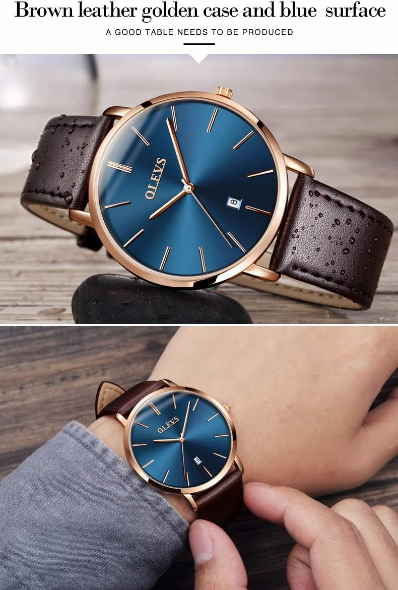 OLEVS Mens Watches Minimalist Ultra Thin Fashion Casual Analog Quartz Date Watch Waterproof Slim Simple Big Face Dress Wrist Watch with Retro Leather Band for Men
