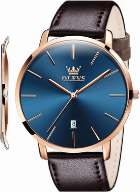 OLEVS Mens Watches Minimalist Ultra Thin Fashion Casual Analog Quartz Date Watch Waterproof Slim Simple Big Face Dress Wrist Watch with Retro Leather Band for Men