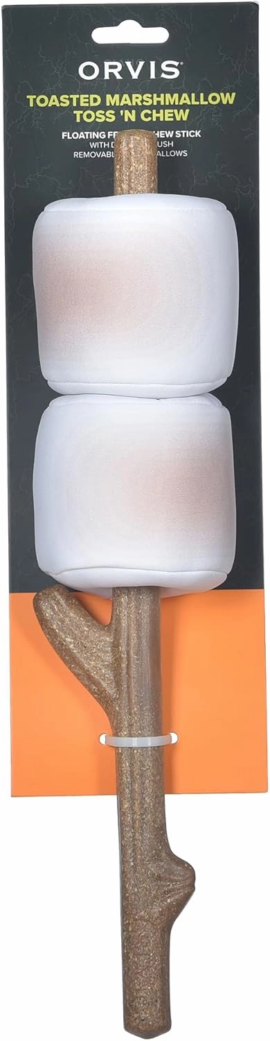 Orvis Dog Floating Fetch and Chew Stick with Durable Plush Removable Marshmallows; Interactive Dog Toy with Removable Squeaky Marshmallows; Floating Dog Toys, Fun Camping Theme Dog Toys