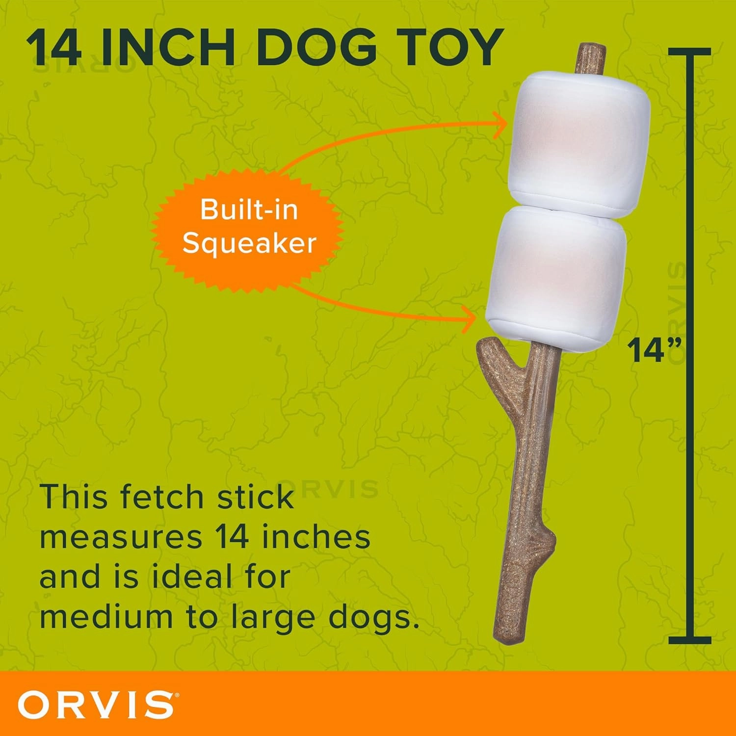 Orvis Dog Floating Fetch and Chew Stick with Durable Plush Removable Marshmallows; Interactive Dog Toy with Removable Squeaky Marshmallows; Floating Dog Toys, Fun Camping Theme Dog Toys