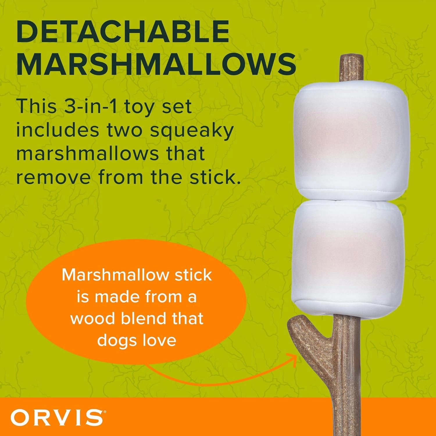 Orvis Dog Floating Fetch and Chew Stick with Durable Plush Removable Marshmallows; Interactive Dog Toy with Removable Squeaky Marshmallows; Floating Dog Toys, Fun Camping Theme Dog Toys