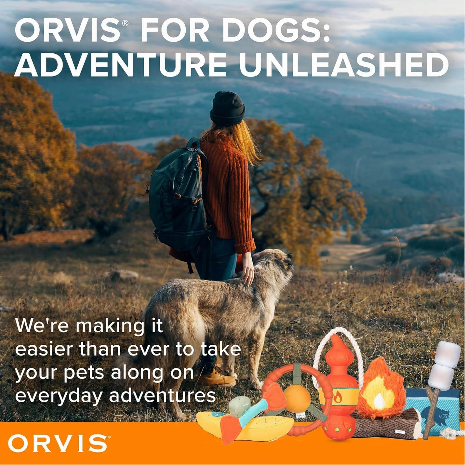 Orvis Dog Floating Fetch and Chew Stick with Durable Plush Removable Marshmallows; Interactive Dog Toy with Removable Squeaky Marshmallows; Floating Dog Toys, Fun Camping Theme Dog Toys