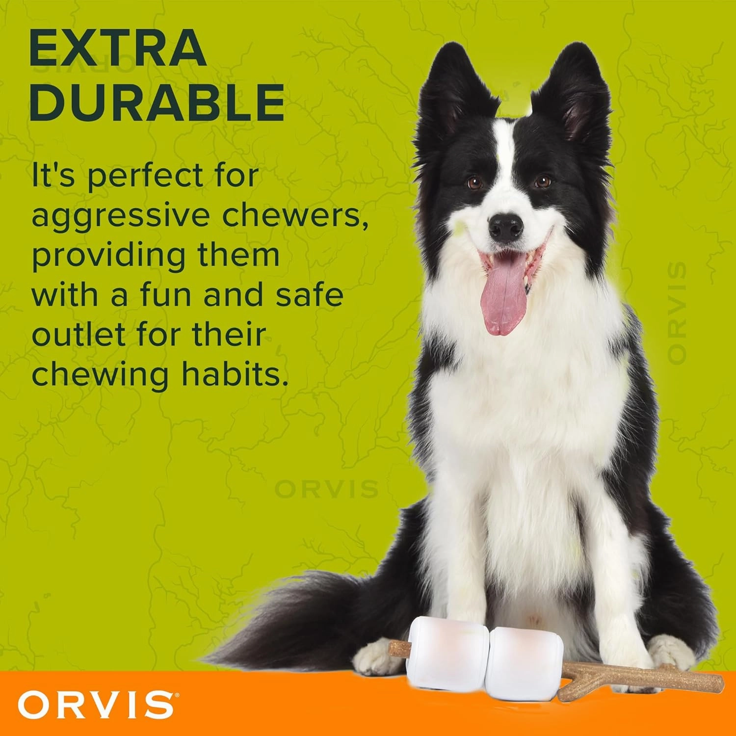Orvis Dog Floating Fetch and Chew Stick with Durable Plush Removable Marshmallows; Interactive Dog Toy with Removable Squeaky Marshmallows; Floating Dog Toys, Fun Camping Theme Dog Toys