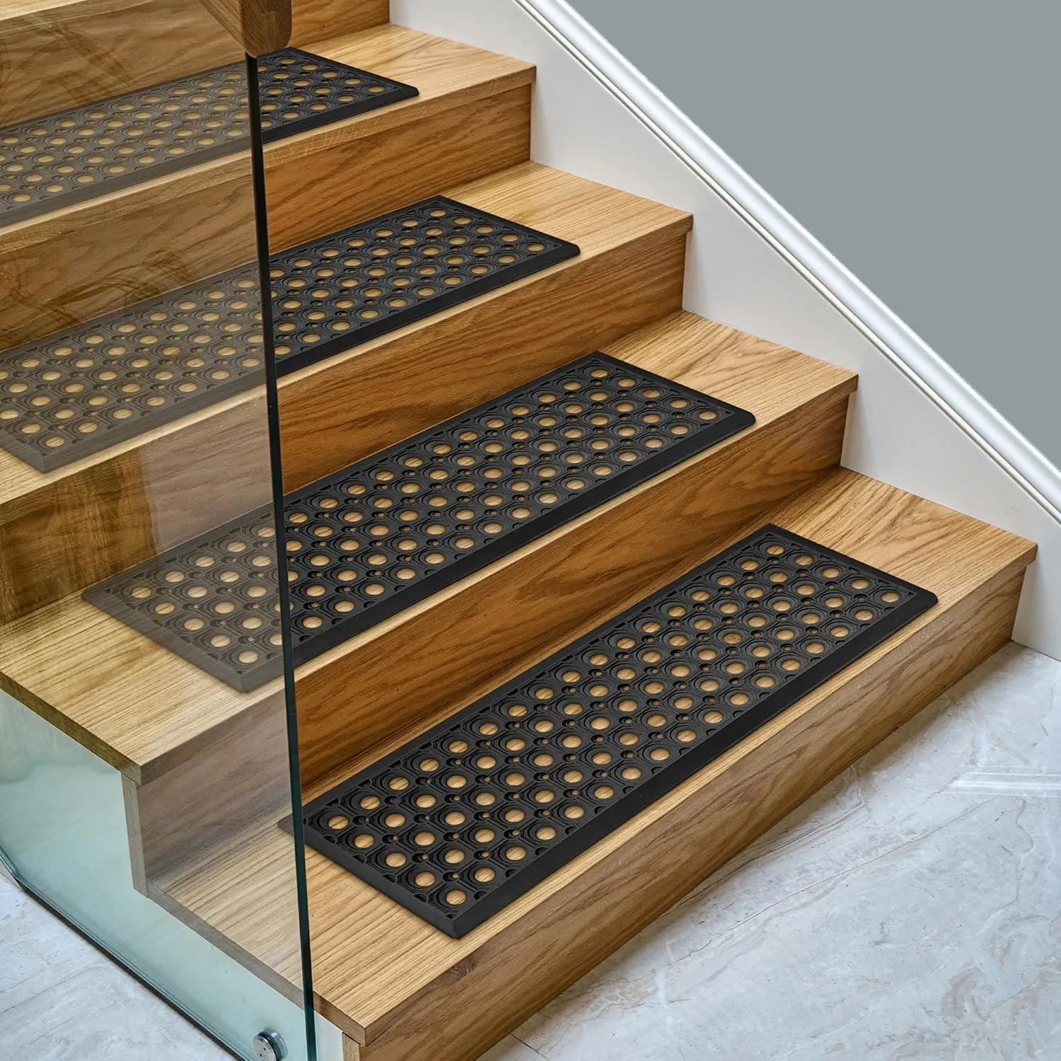 Ottomanson Easy Clean, Waterproof, Low Profile Non-Slip Indoor/Outdoor Rubber Stair Treads, 10" x 30" (5 Pack), Black/Gold