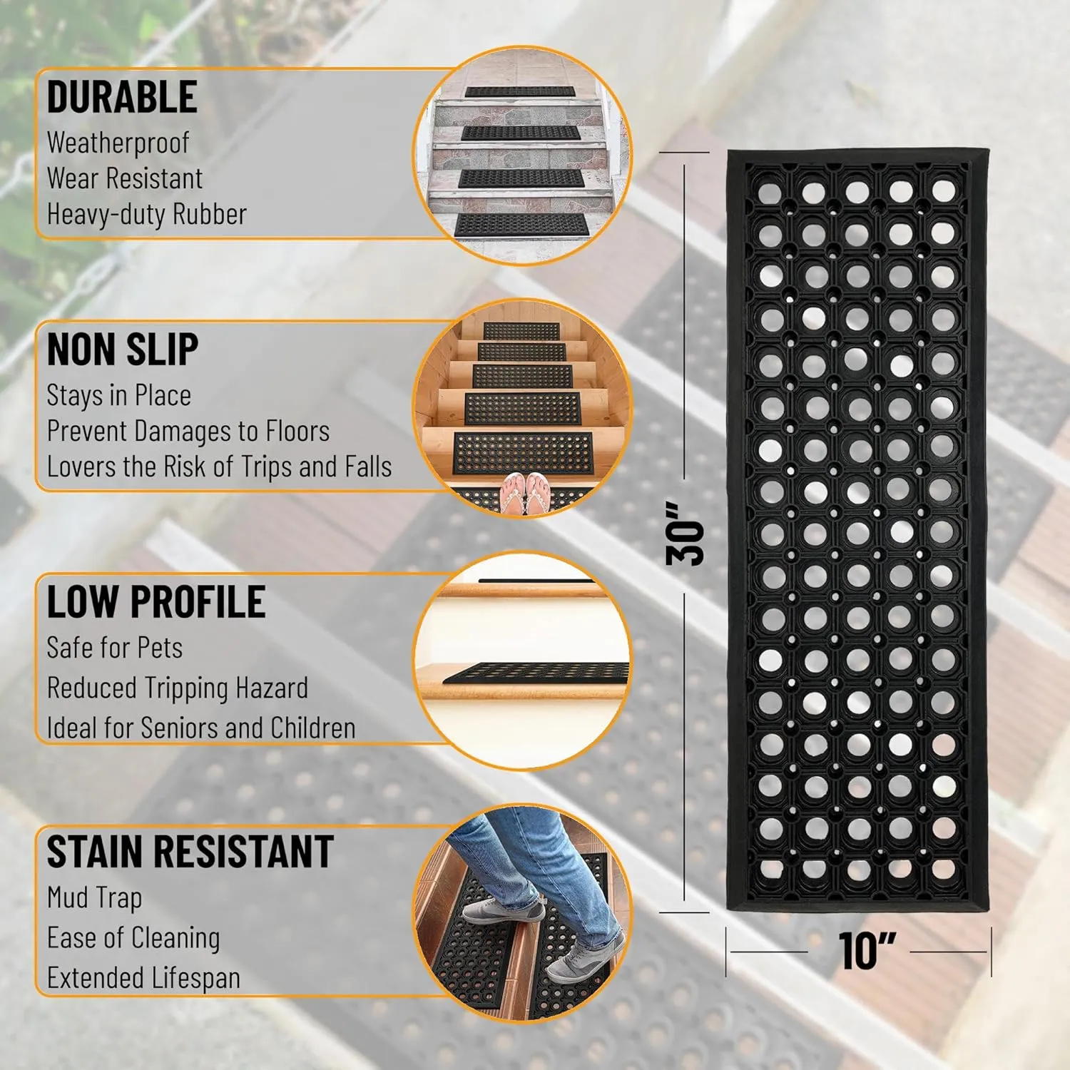 Ottomanson Easy Clean, Waterproof, Low Profile Non-Slip Indoor/Outdoor Rubber Stair Treads, 10" x 30" (5 Pack), Black/Gold