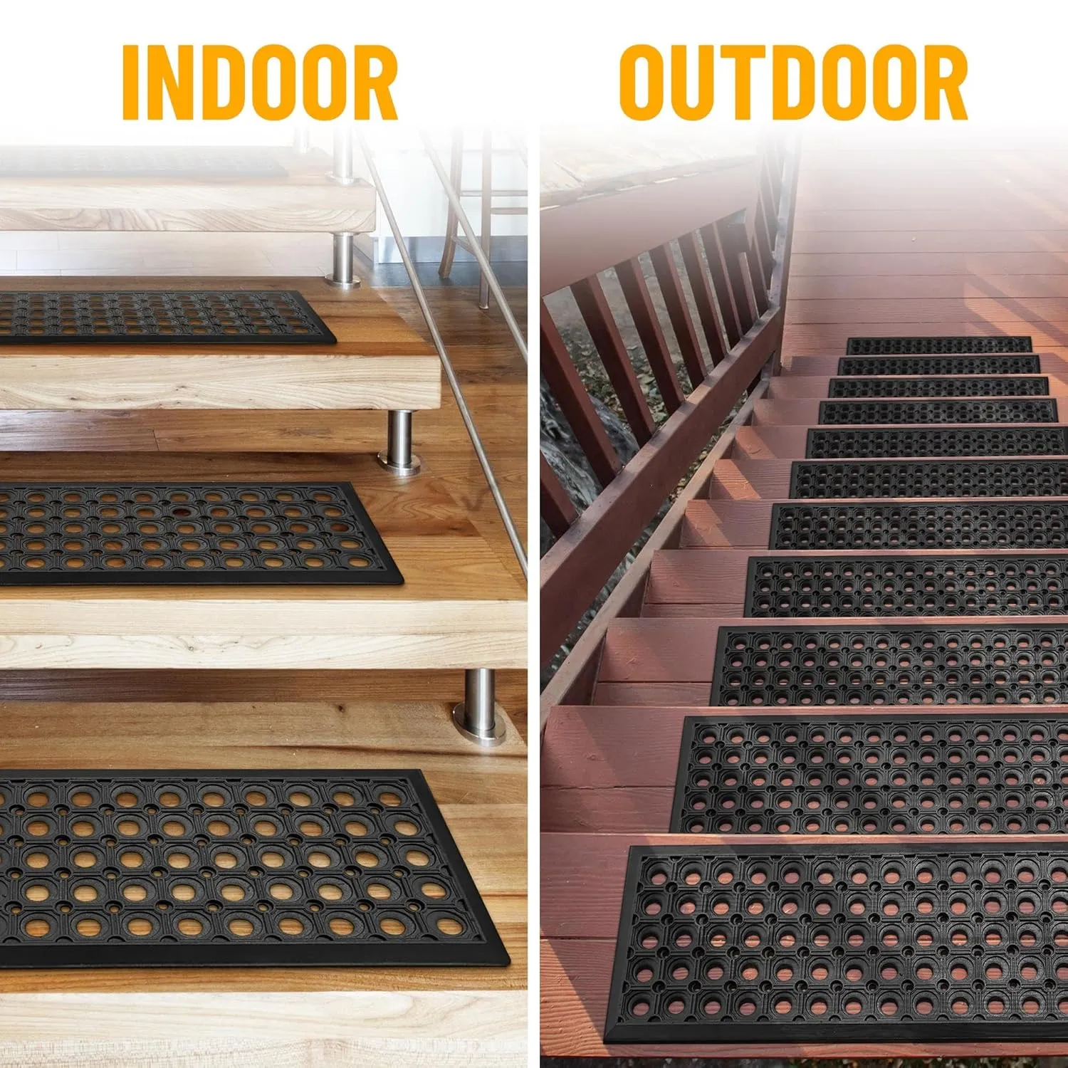 Ottomanson Easy Clean, Waterproof, Low Profile Non-Slip Indoor/Outdoor Rubber Stair Treads, 10" x 30" (5 Pack), Black/Gold