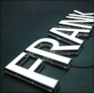 Outdoor Custom LED Channel Letters - Stainless Steel Large Lighted Business Signs for Storefront Branding & Alphabet Signage (Front-Lit and Side-Gridded Holes, 10" tall letters)