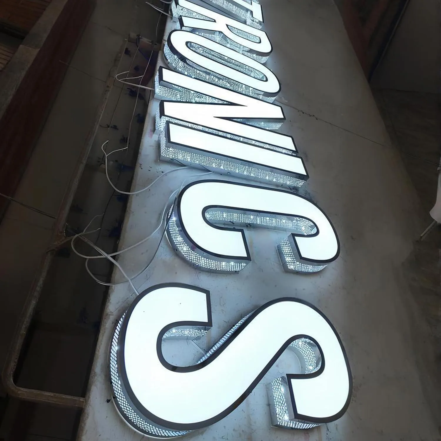 Outdoor Custom LED Channel Letters - Stainless Steel Large Lighted Business Signs for Storefront Branding & Alphabet Signage (Front-Lit and Side-Gridded Holes, 10" tall letters)
