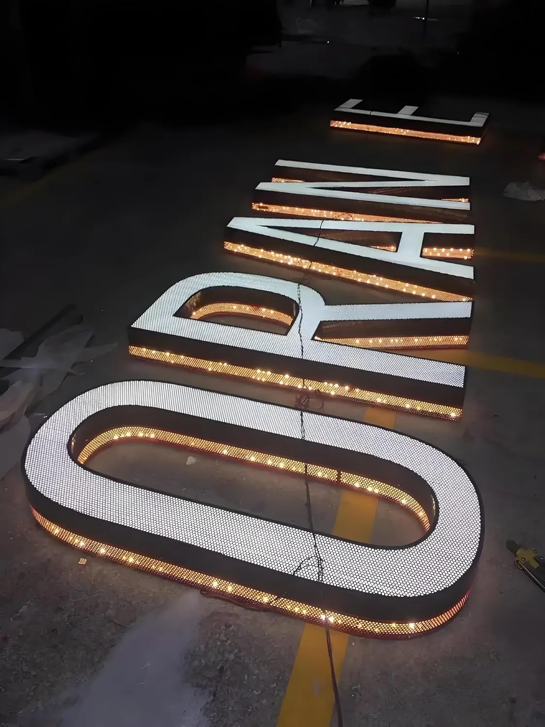Outdoor Custom LED Channel Letters - Stainless Steel Large Lighted Business Signs for Storefront Branding & Alphabet Signage (Front-Lit and Side-Gridded Holes, 10" tall letters)