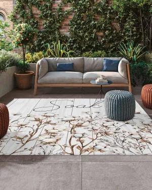 Outdoor Rug 5x8ft, Summer Country Cotton Flowers Indoor Area Rug for Patio Backyard Deck Large Floor Mat, Watercolor Wood Grain Non-Slip Outside Carpet Balcony Porch Camping Rugs Picnic Mat