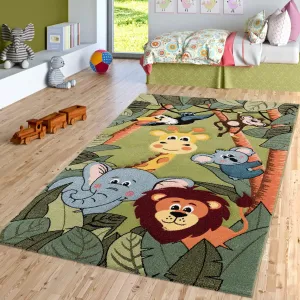 Paco Home Kids Rug for Nursery with Jungle Animals in Green, Size: 2'8" x 4'11"
