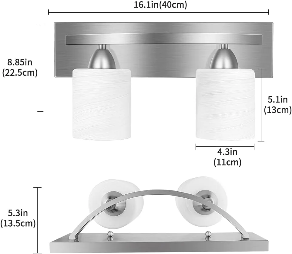 PARTPHONER 2-Light Bathroom Vanity Light Fixture, 5 Piece All-in-One Bath Sets, Bar, Towel Ring, Robe Hook, Toilet Paper Holder, Brushed Nickel with White Frosted Glass Vanity Light