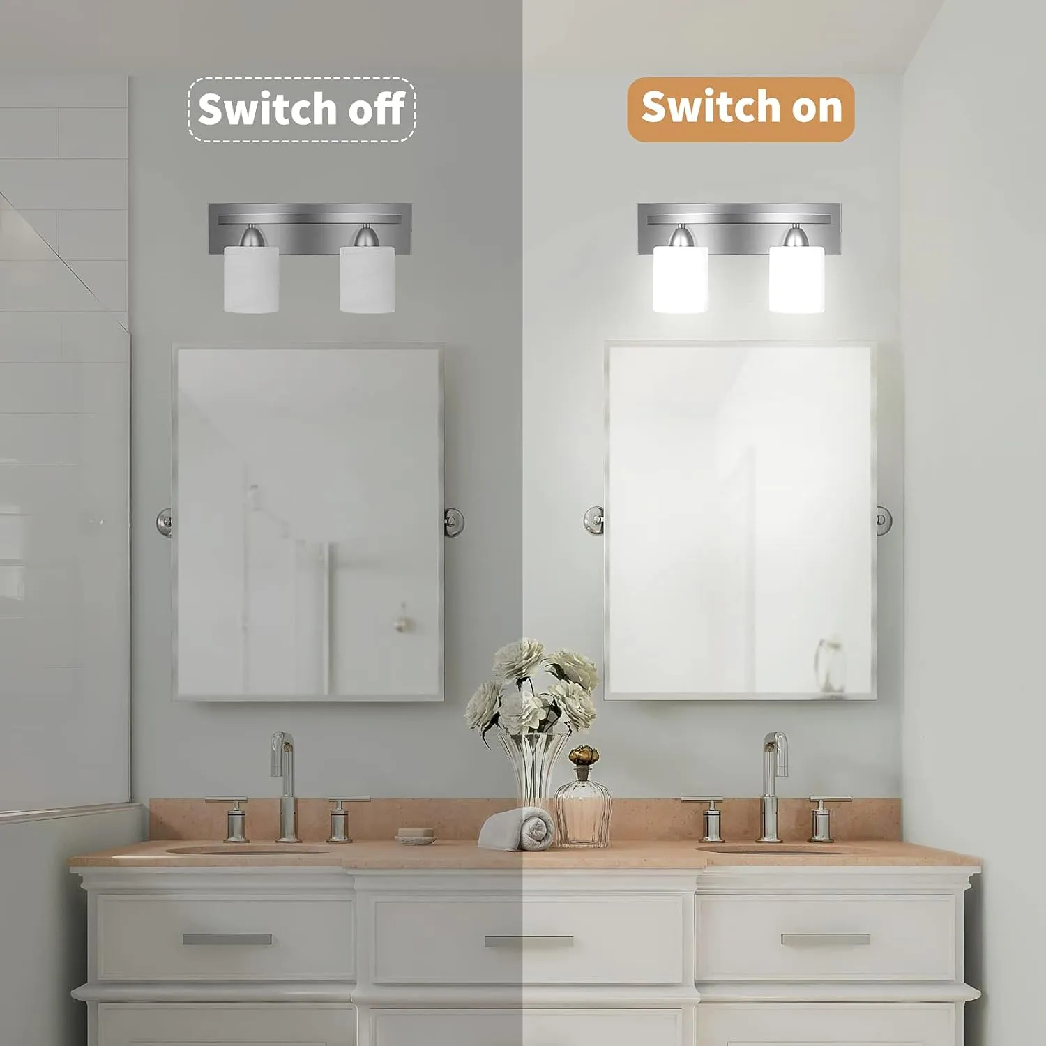 PARTPHONER 2-Light Bathroom Vanity Light Fixture, 5 Piece All-in-One Bath Sets, Bar, Towel Ring, Robe Hook, Toilet Paper Holder, Brushed Nickel with White Frosted Glass Vanity Light
