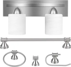 PARTPHONER 2-Light Bathroom Vanity Light Fixture, 5 Piece All-in-One Bath Sets, Bar, Towel Ring, Robe Hook, Toilet Paper Holder, Brushed Nickel with White Frosted Glass Vanity Light