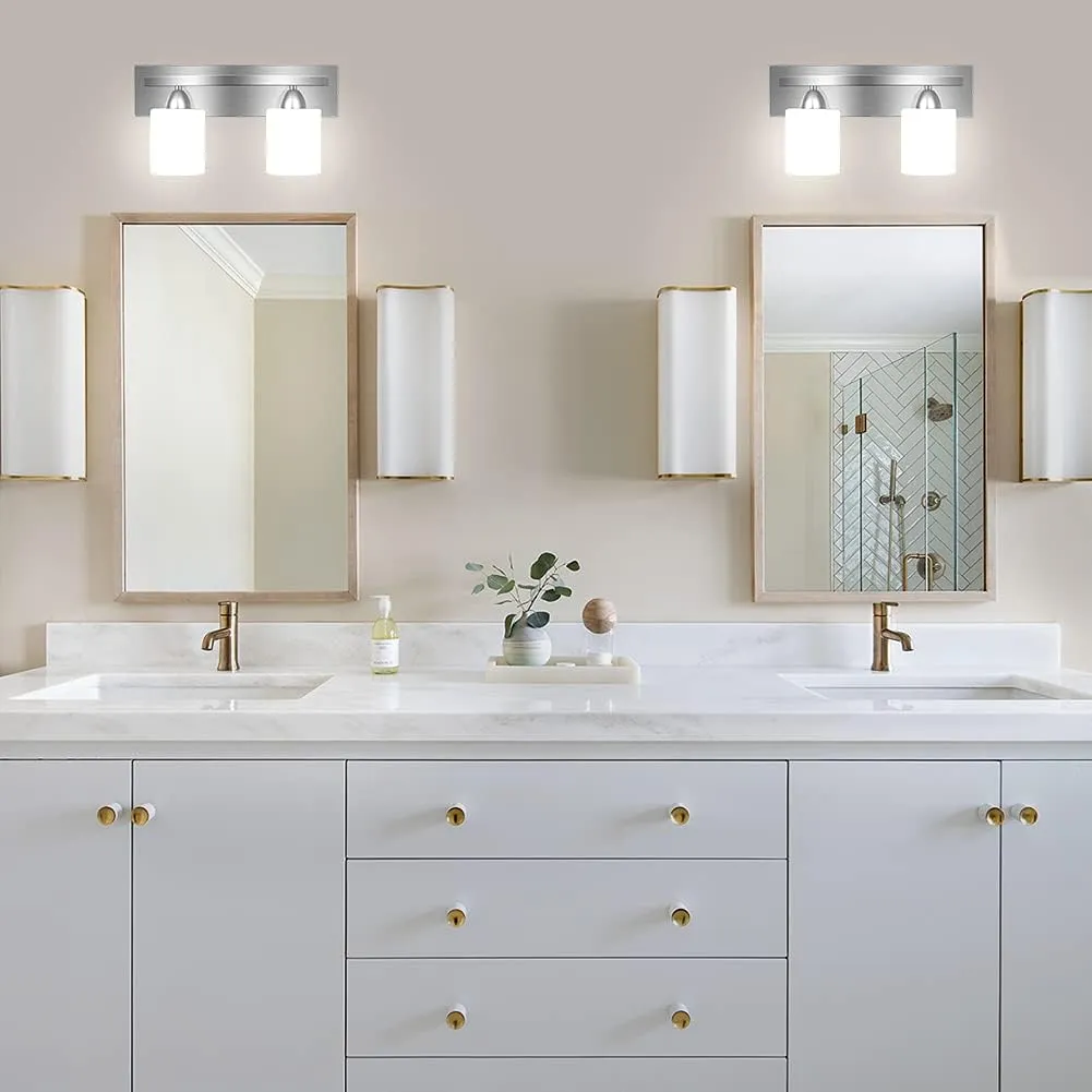 PARTPHONER 2-Light Bathroom Vanity Light Fixture, 5 Piece All-in-One Bath Sets, Bar, Towel Ring, Robe Hook, Toilet Paper Holder, Brushed Nickel with White Frosted Glass Vanity Light