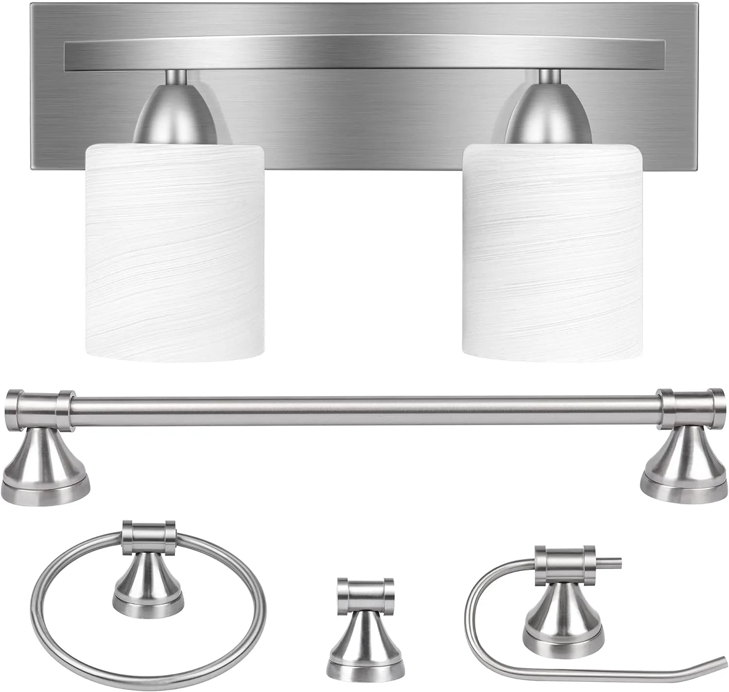 PARTPHONER 2-Light Bathroom Vanity Light Fixture, 5 Piece All-in-One Bath Sets, Bar, Towel Ring, Robe Hook, Toilet Paper Holder, Brushed Nickel with White Frosted Glass Vanity Light
