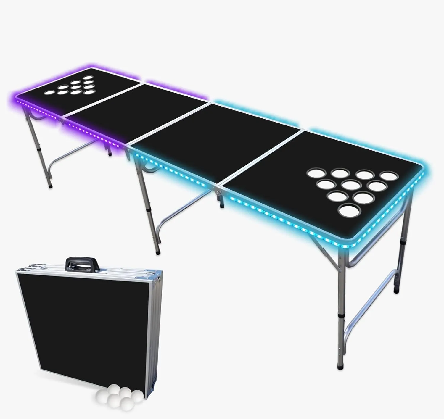 PartyPong 8-Foot Folding Pong Table w/LED Lights, Cup Holes & Pong Balls