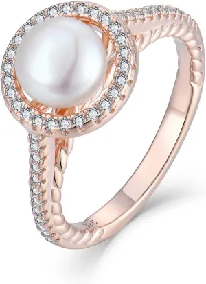 Pearl Ring for Women 925 Sterling Silver Women's Ring Cubic Zirconia Band Engagement Anniversary Statement Promise Ring for Her 7mm Freshwater Pearl Size5-10