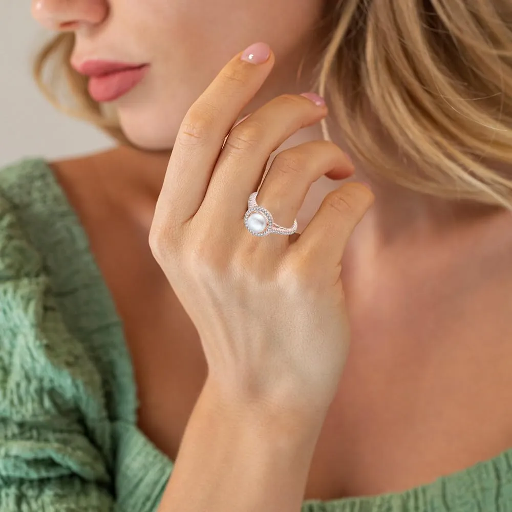 Pearl Ring for Women 925 Sterling Silver Women's Ring Cubic Zirconia Band Engagement Anniversary Statement Promise Ring for Her 7mm Freshwater Pearl Size5-10