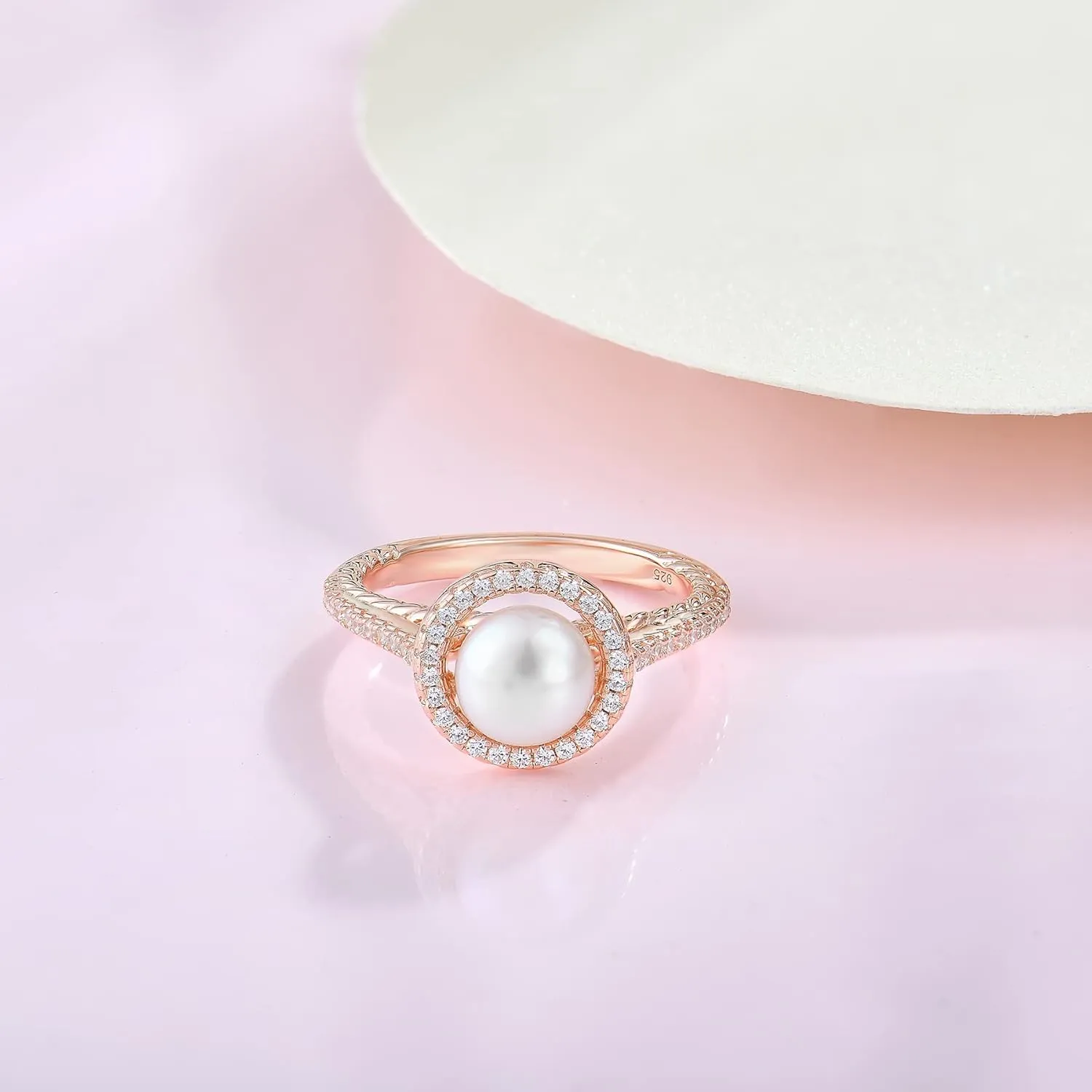 Pearl Ring for Women 925 Sterling Silver Women's Ring Cubic Zirconia Band Engagement Anniversary Statement Promise Ring for Her 7mm Freshwater Pearl Size5-10