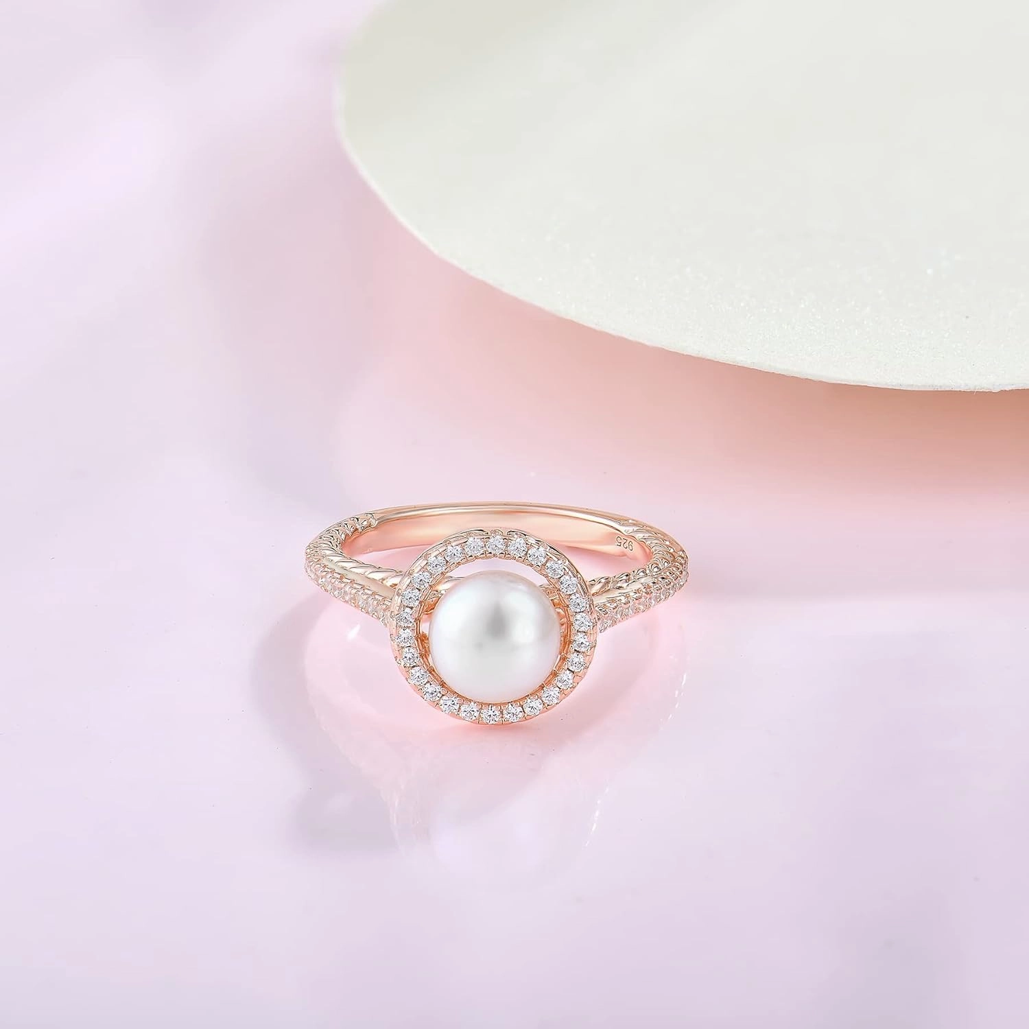 Pearl Ring for Women 925 Sterling Silver Women's Ring Cubic Zirconia Band Engagement Anniversary Statement Promise Ring for Her 7mm Freshwater Pearl Size5-10