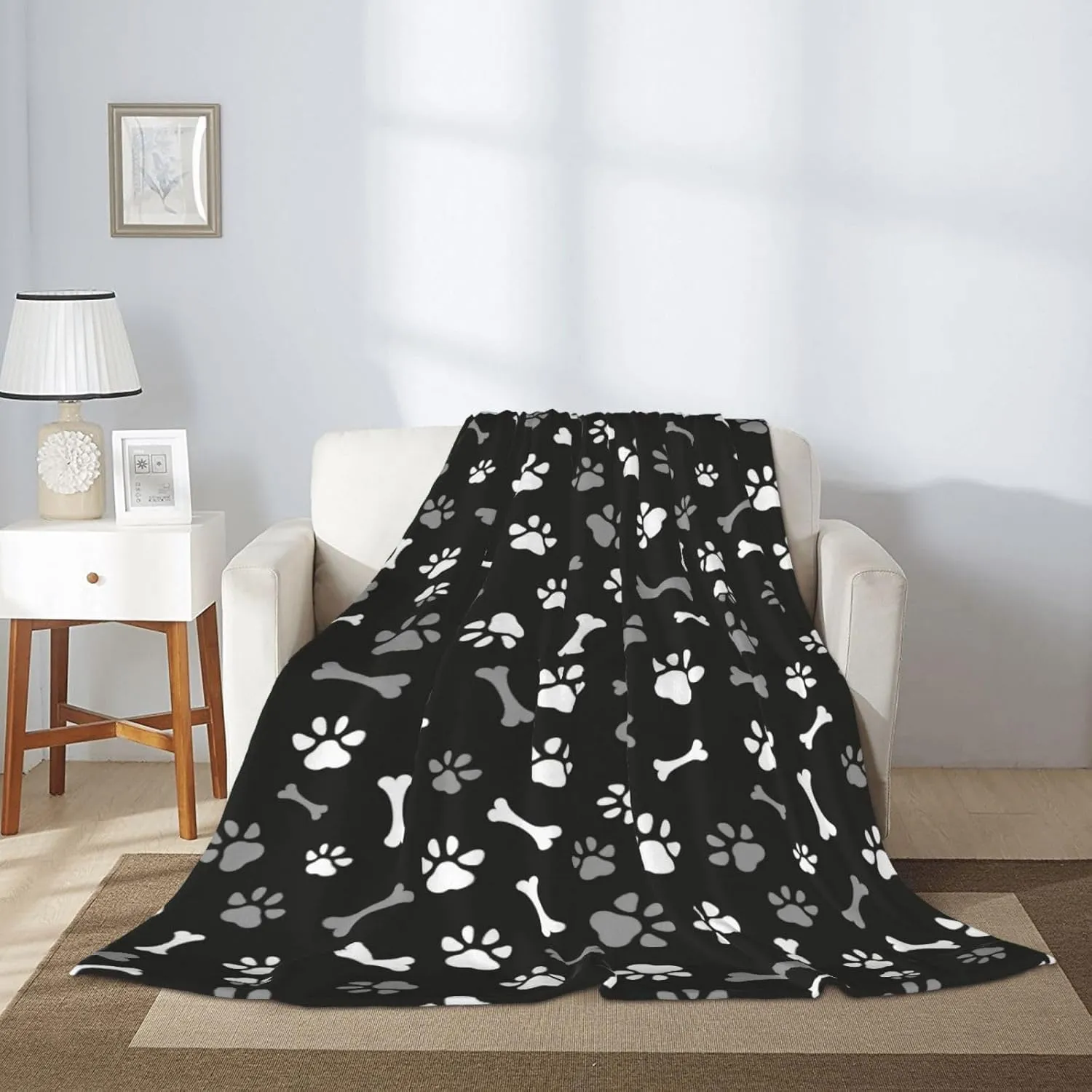 Perinsto Dog Paws and Bones Throw Blanket Ultra Soft Warm All Season Animal Footprint Decorative Fleece Blankets for Bed Chair Car Sofa Couch Bedroom 50"X40"