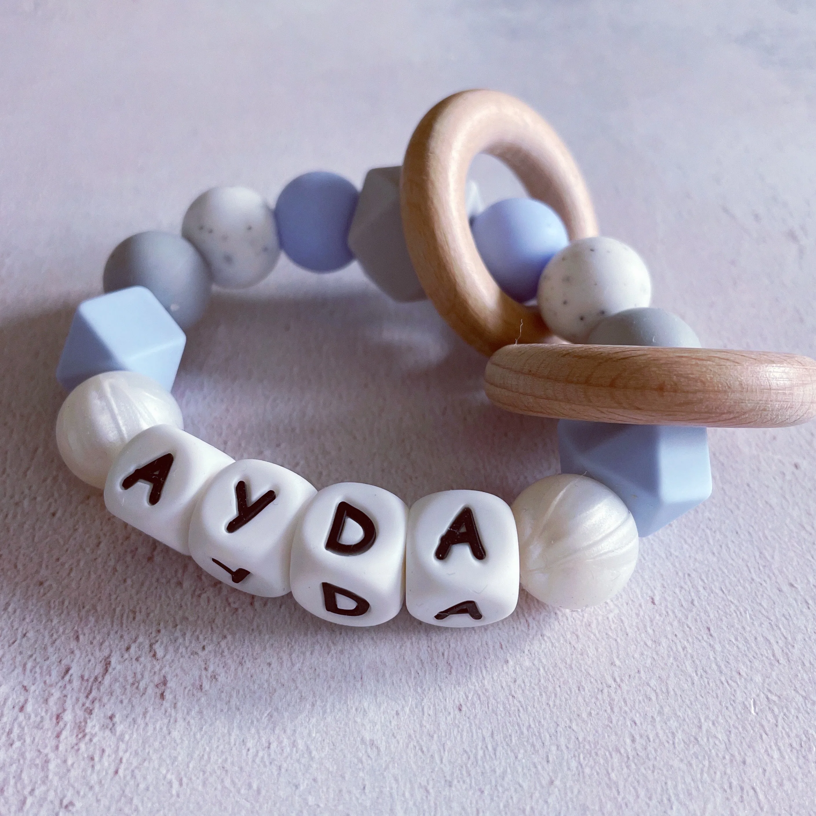 Personalised Silicone Teething Ring - Baby Blue/Pearl