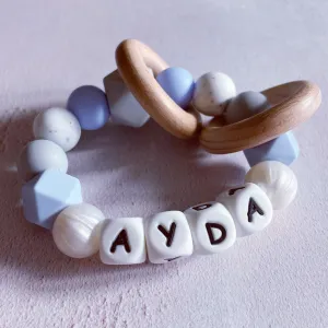 Personalised Silicone Teething Ring - Baby Blue/Pearl
