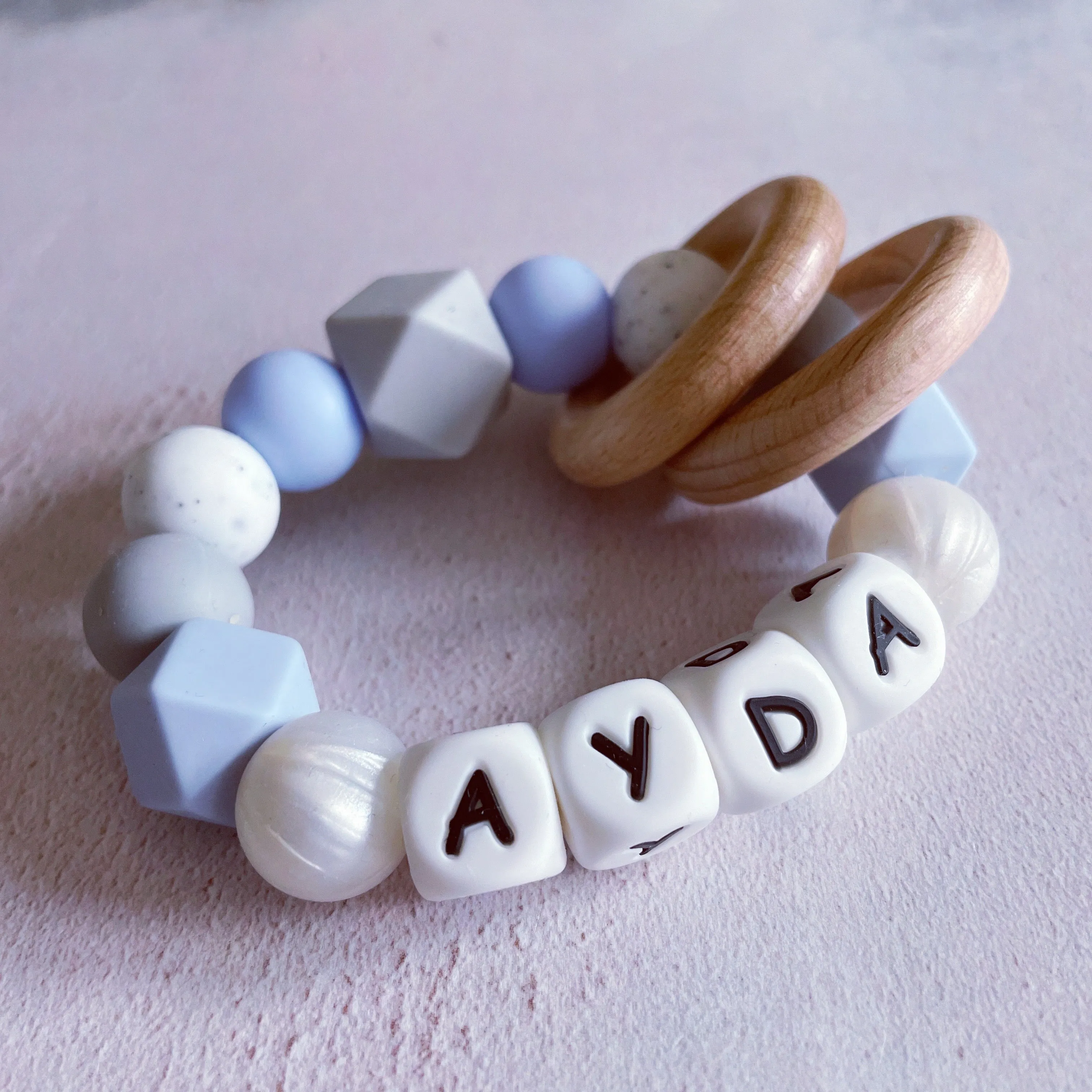 Personalised Silicone Teething Ring - Baby Blue/Pearl