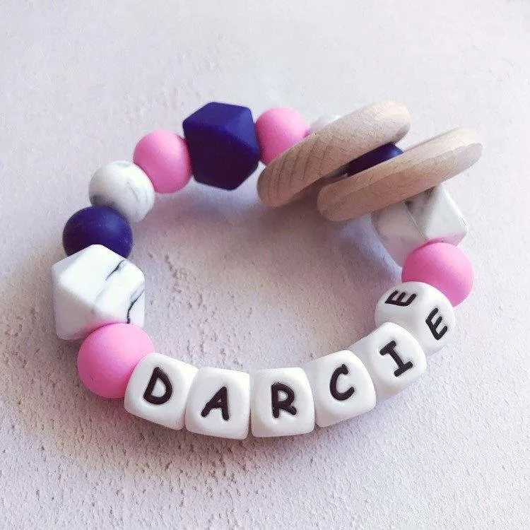 Personalised Silicone Teething Ring - Pink/Navy