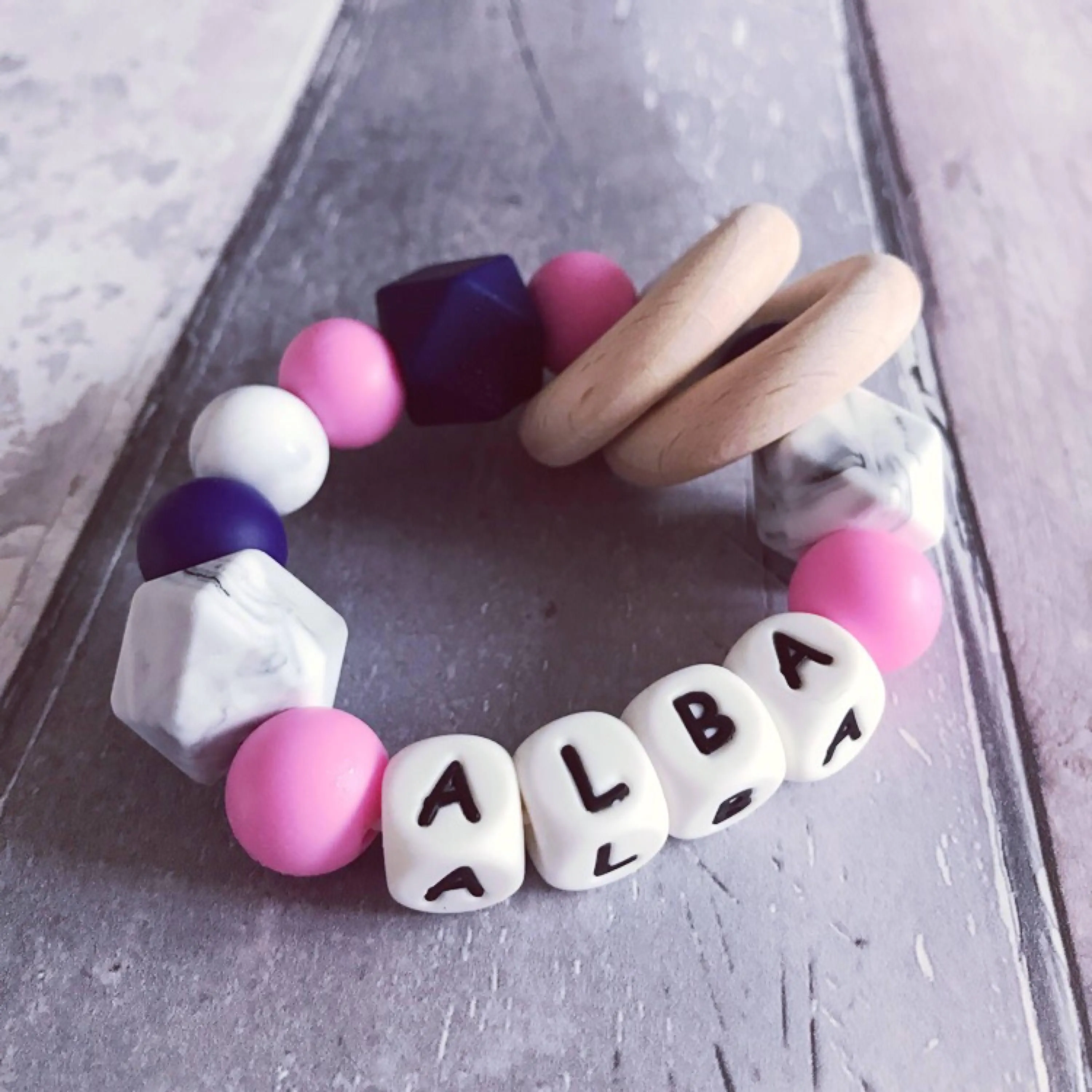 Personalised Silicone Teething Ring - Pink/Navy