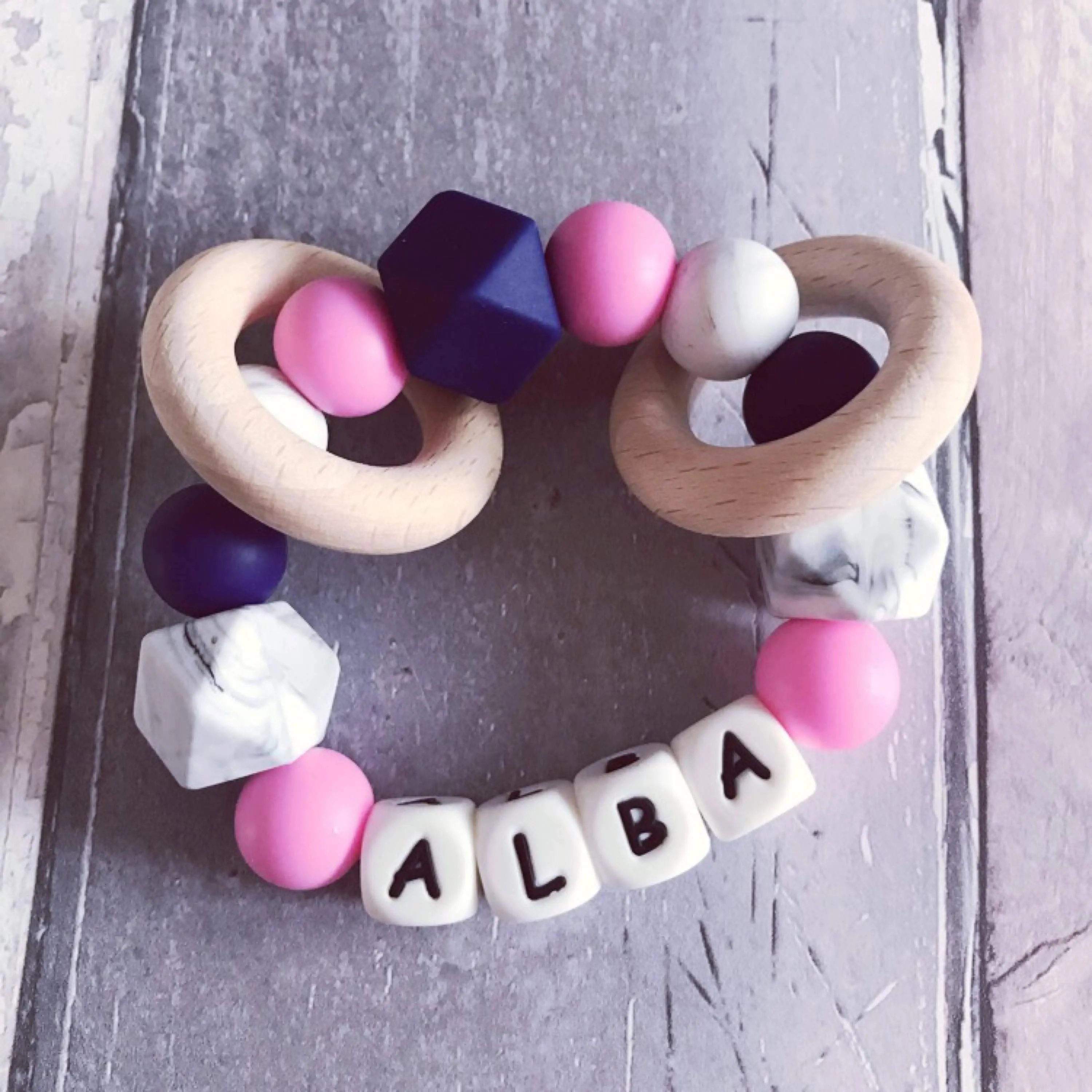 Personalised Silicone Teething Ring - Pink/Navy