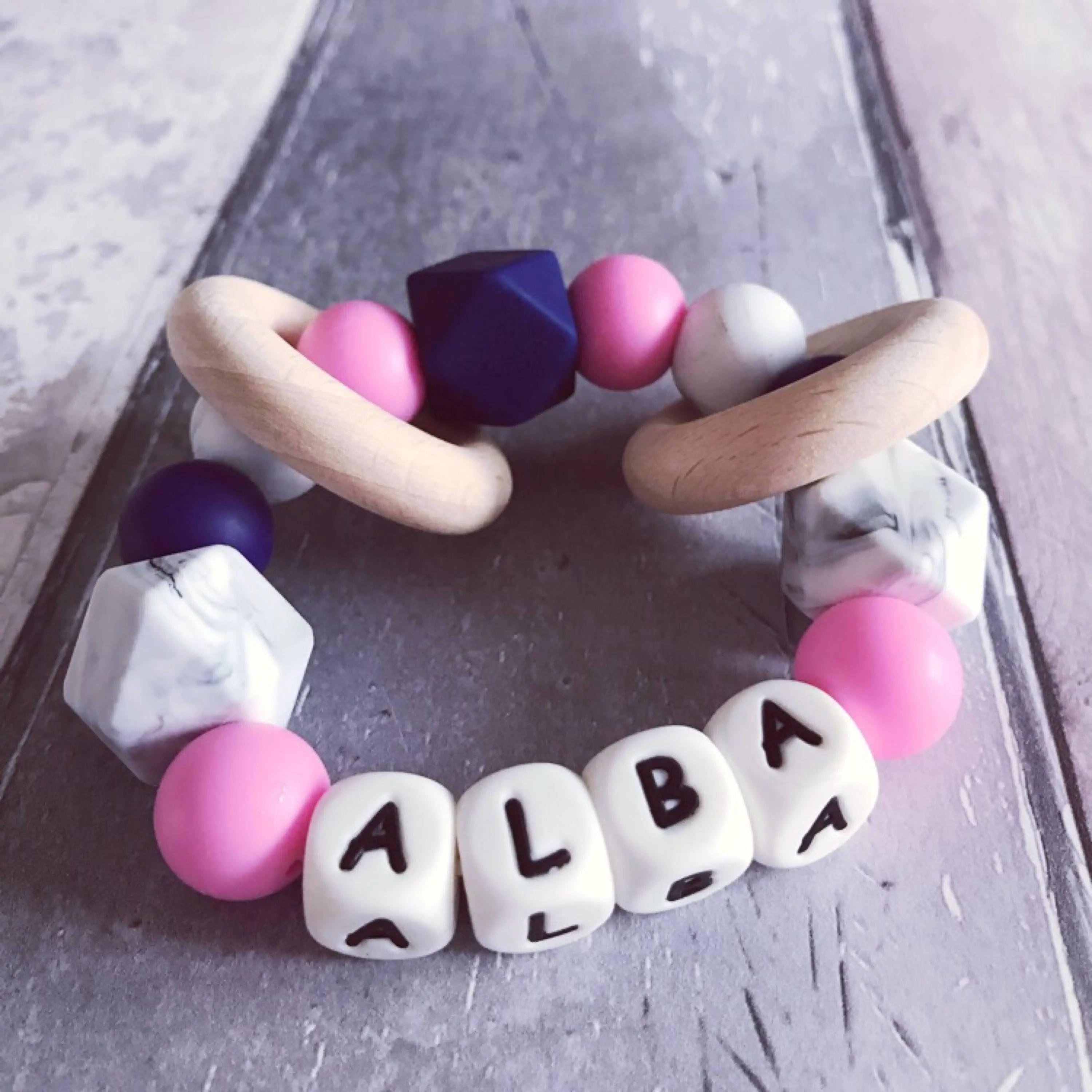 Personalised Silicone Teething Ring - Pink/Navy