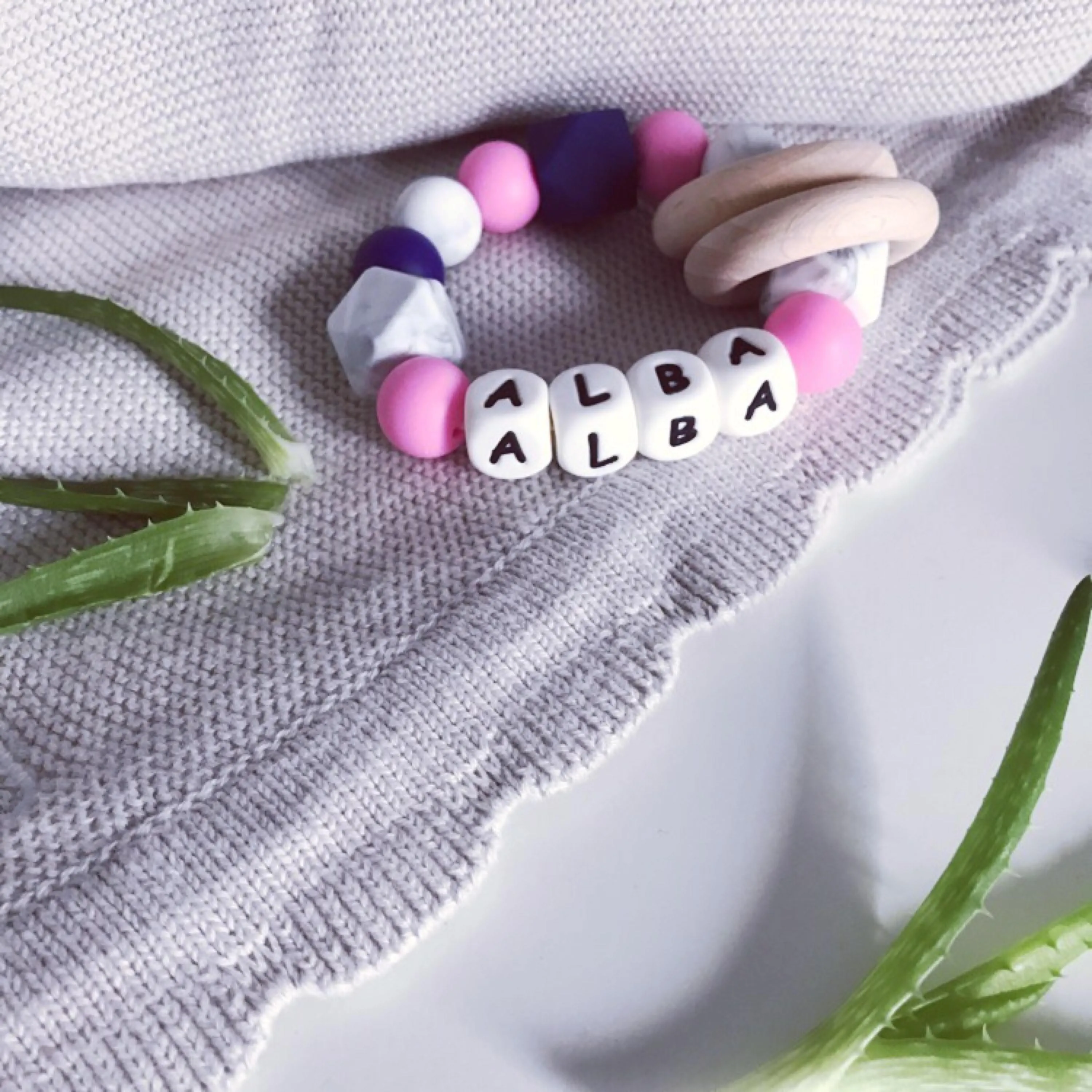 Personalised Silicone Teething Ring - Pink/Navy