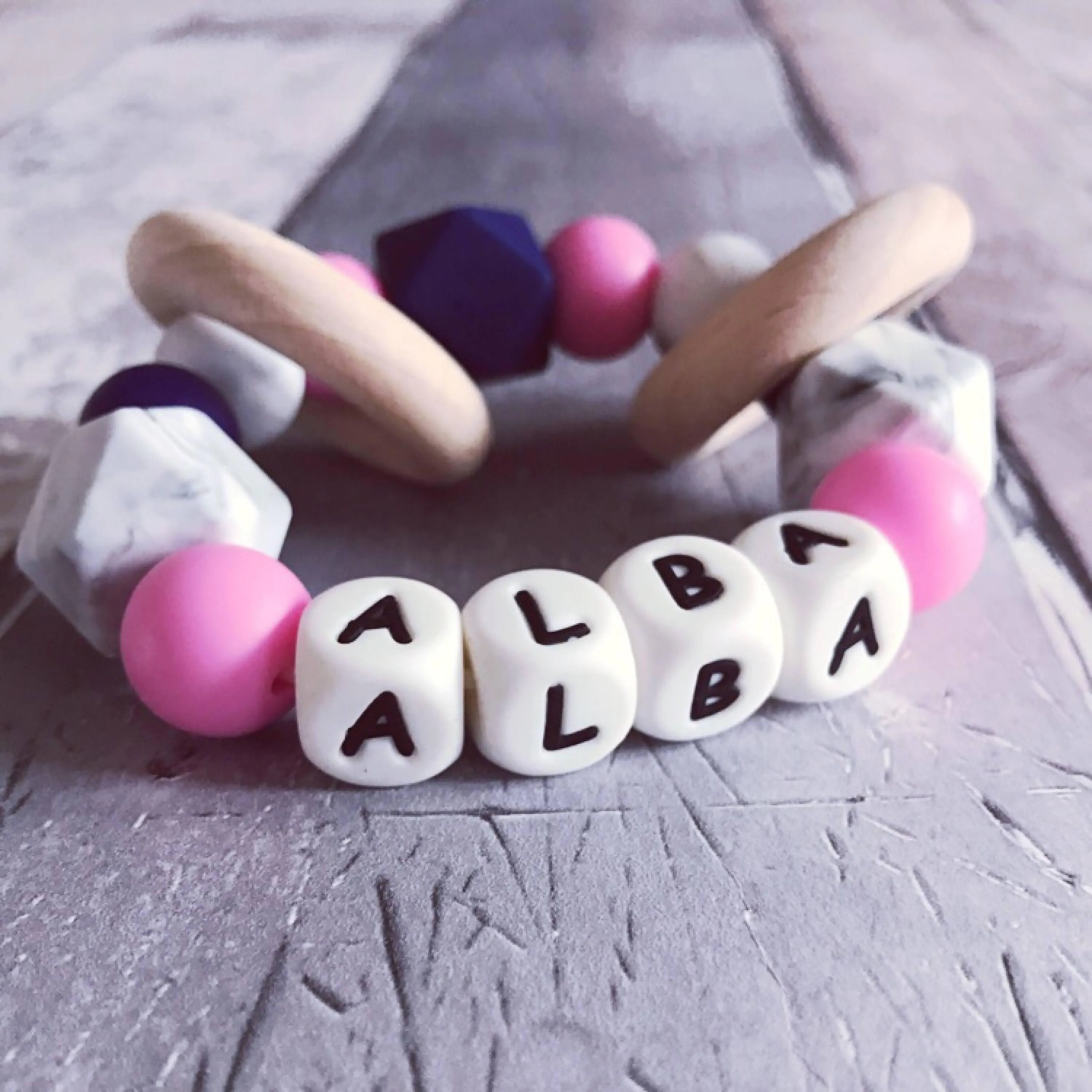 Personalised Silicone Teething Ring - Pink/Navy
