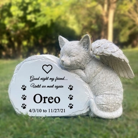 Personalized Pet Cat Memorial Stone with A Sleeping Cat Angel Statue, Cat Grave Markers Headstone Tombstone for Outdoor Garden, One Size, Full Color