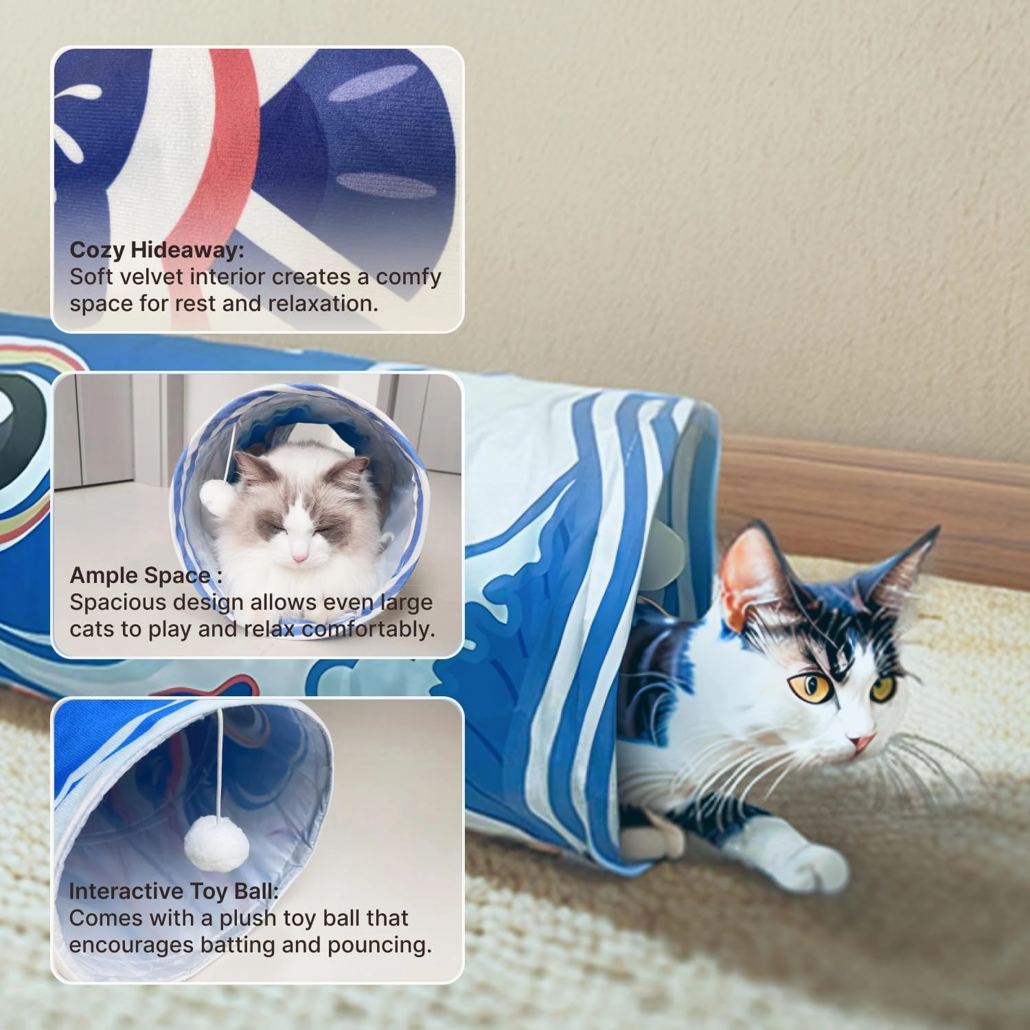 Pet Tunnels for Indoor Cats, Collapsible Tube for Kittens & Large Felines with Storage Bag, Hideaway Play Toy, Easy to Clean,10'' Dia, 36'' L,Blue