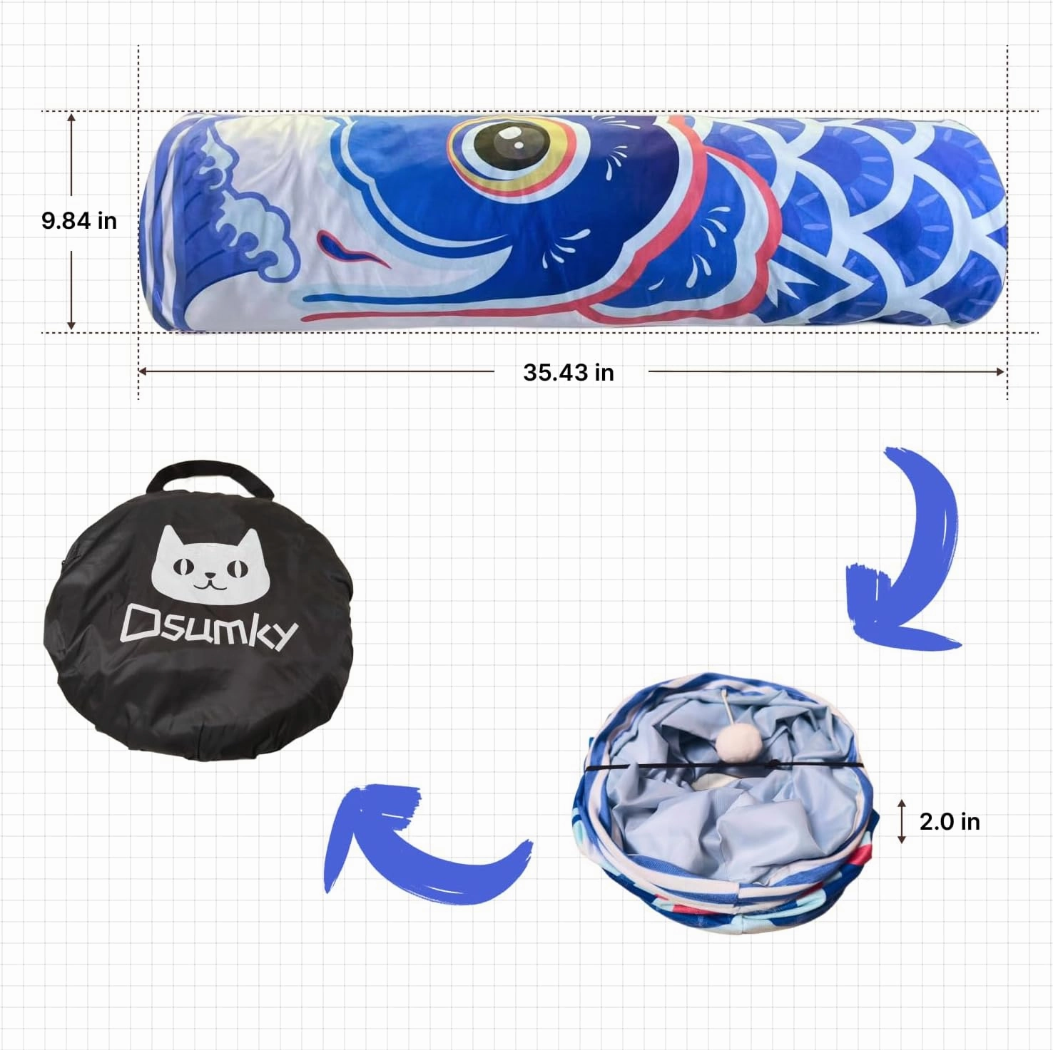 Pet Tunnels for Indoor Cats, Collapsible Tube for Kittens & Large Felines with Storage Bag, Hideaway Play Toy, Easy to Clean,10'' Dia, 36'' L,Blue