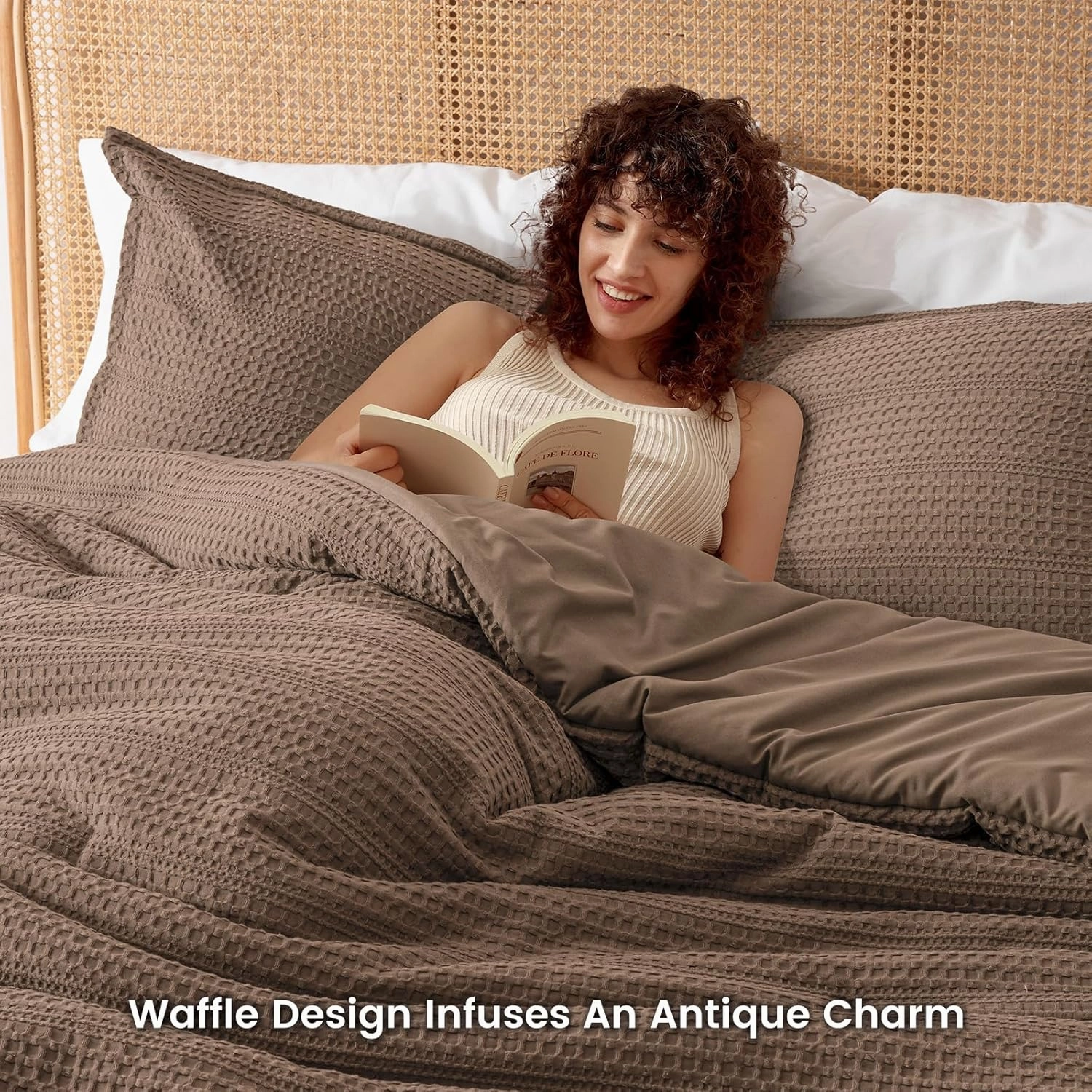 PHF Soft Waffle Comforter Set Queen Size- Comfy Breathable Waffle Weave Comforter with 2 Pillow Shams, 3 Pieces No Snagging Lightweight Bedding Set for All Season, Cocoa Brown