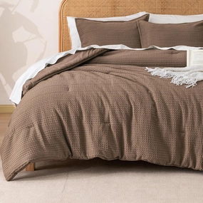 PHF Soft Waffle Comforter Set Queen Size- Comfy Breathable Waffle Weave Comforter with 2 Pillow Shams, 3 Pieces No Snagging Lightweight Bedding Set for All Season, Cocoa Brown