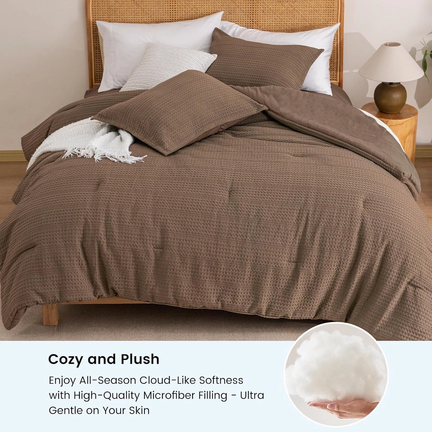 PHF Soft Waffle Comforter Set Queen Size- Comfy Breathable Waffle Weave Comforter with 2 Pillow Shams, 3 Pieces No Snagging Lightweight Bedding Set for All Season, Cocoa Brown
