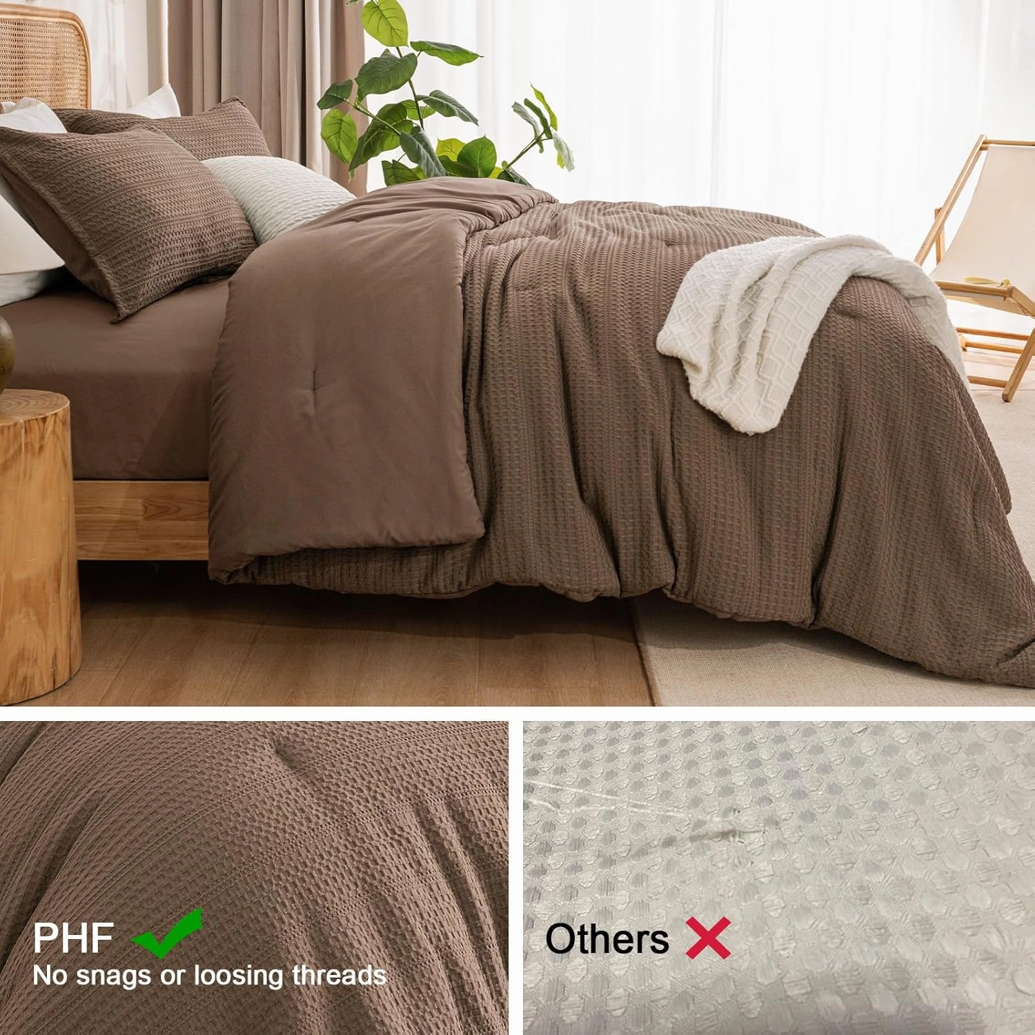 PHF Soft Waffle Comforter Set Queen Size- Comfy Breathable Waffle Weave Comforter with 2 Pillow Shams, 3 Pieces No Snagging Lightweight Bedding Set for All Season, Cocoa Brown