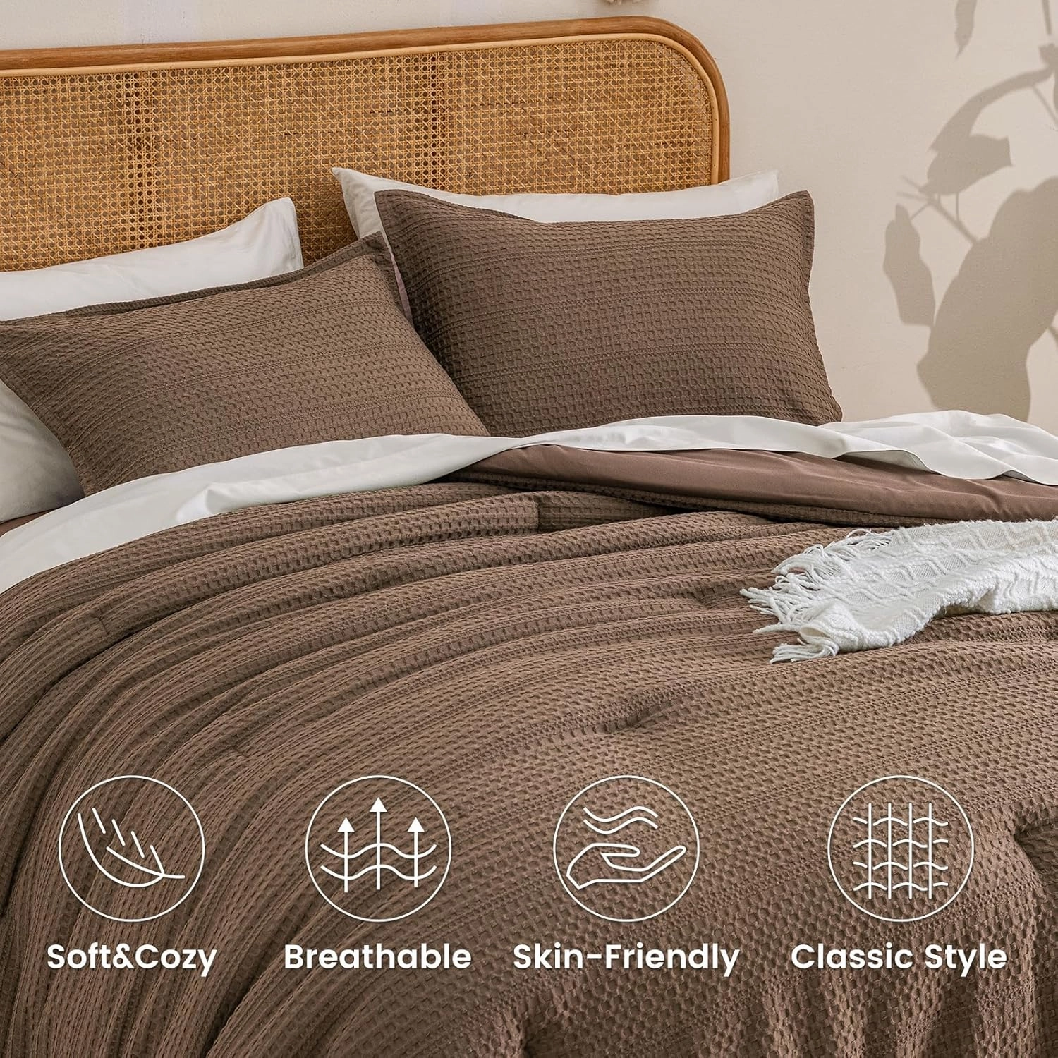 PHF Soft Waffle Comforter Set Queen Size- Comfy Breathable Waffle Weave Comforter with 2 Pillow Shams, 3 Pieces No Snagging Lightweight Bedding Set for All Season, Cocoa Brown